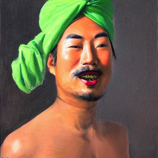 Image similar to An oil painting of a handsome Asian man in a green turban looking wickedly at the viewer with the hilt of a Japanese samurai sword in his teeth.