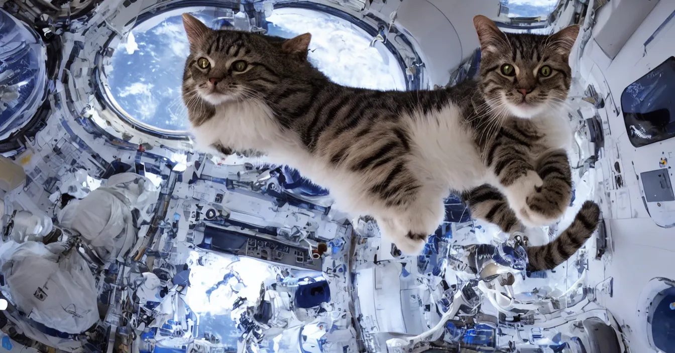 Prompt: Photo of a cat floating inside the International Space Station in zero gravity, highly-detailed 4K award-winning cinematic, wide angle