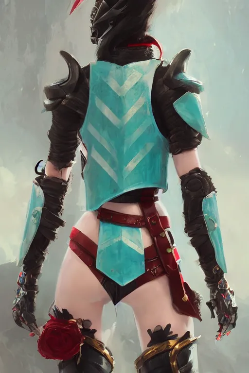 Image similar to female adventurer in tight full - body teal leather armor of japanese design with red accents and a white porcelain crow mask, trending in artstation, japanese, by wlop, establishing shot