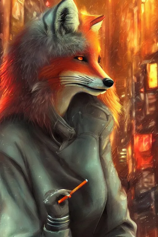 Prompt: beautiful portrait of a tall female anthro fox smoking a cigarette in a bustling crowd of a rainy city street, cyberpunk, harsh neon lights, highly detailed, digital painting, illustration, art by sakimichan, artgerm