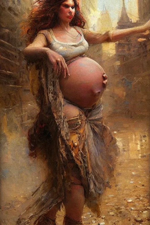 Image similar to pregnant woman in t-shirt by Gaston Bussiere. full-shot, urban dystopia, hyper realism, realistic proportions, dramatic lighting, high detail 4k