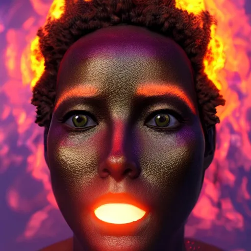 Prompt: Portrait of Pele, the Hawaiian fire goddess, rendered in unreal engine, rendered in octane render, rendered in blender, unreal engine, octane, blender, dark studio lighting, bright, glowing aura, vividly beautiful colors, bioluminescence, bioluminescent lighting, volumetric lighting