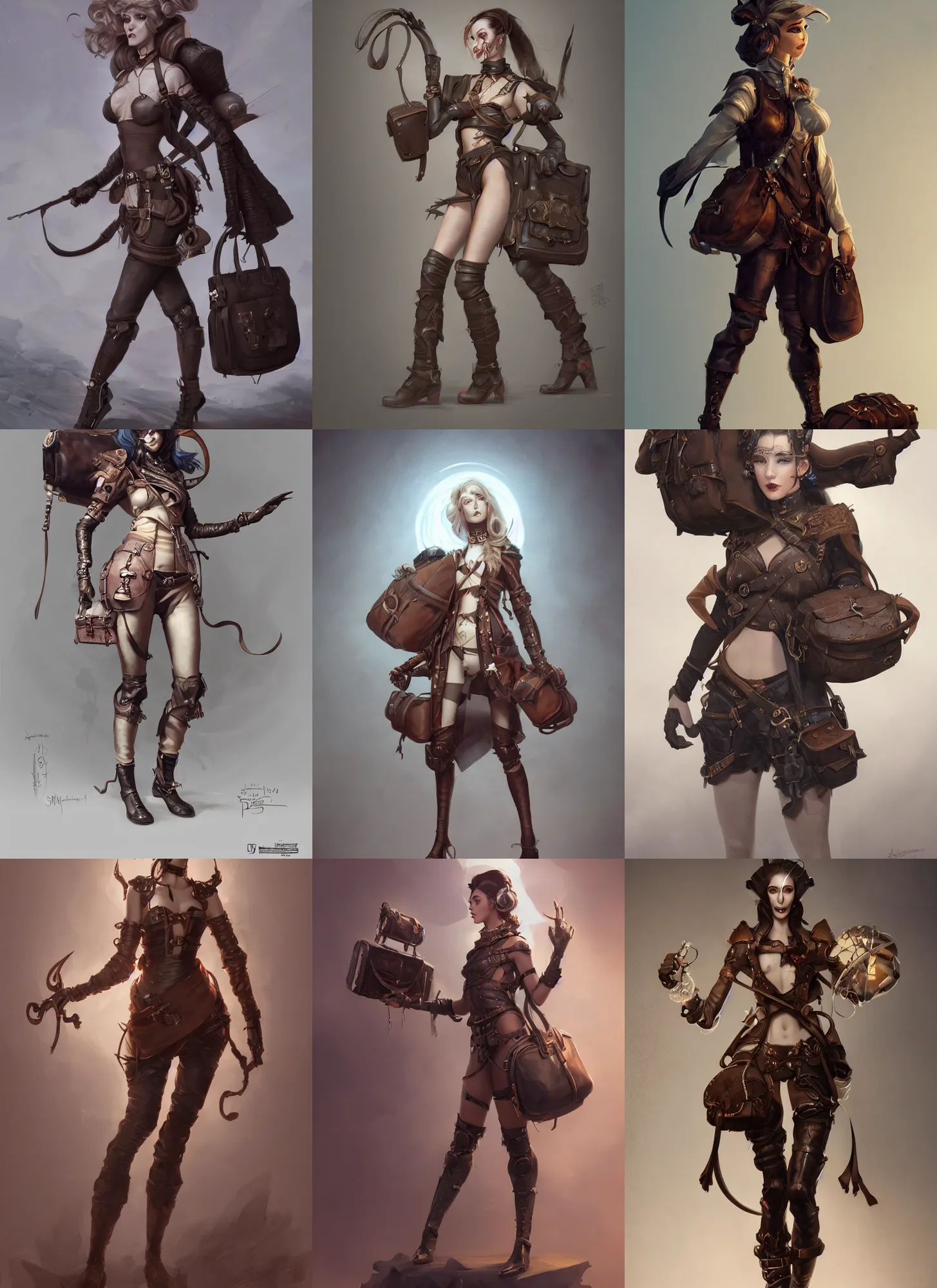 Prompt: character art front view of a young woman wearing a leather outfit with straps and padding and satchels and bags and holsters and decorations, haute couture, elaborate, intricate, artstation, in the style of peter mohrbacher, artgerm, dramatic lighting, octane render, character concept, fashion shoot