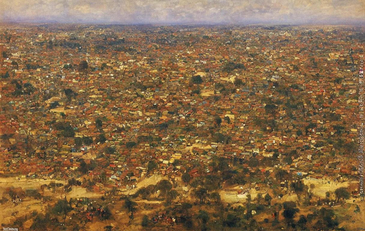 Image similar to city of abeokuta in nigeria from above, surrounded by walls, 1885, bright colors oil on canvas, by Ilya Repin