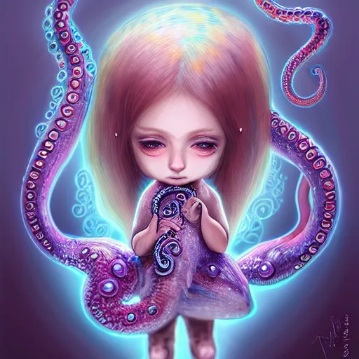 Image similar to A full shot of a cute magical monster Cryptid wearing a dress made of opals and tentacles. Chibi. Subsurface Scattering. Translucent Skin. Caustics. Prismatic light. defined facial features, symmetrical facial features. Opalescent surface. Soft Lighting. beautiful lighting. By Giger and Ruan Jia and Artgerm and WLOP and William-Adolphe Bouguereau and Loish and Lisa Frank. Sailor Moon. trending on artstation, featured on pixiv, award winning, sharp, details, intricate details, realistic, Hyper-detailed, HD, HDR, 4K, 8K.