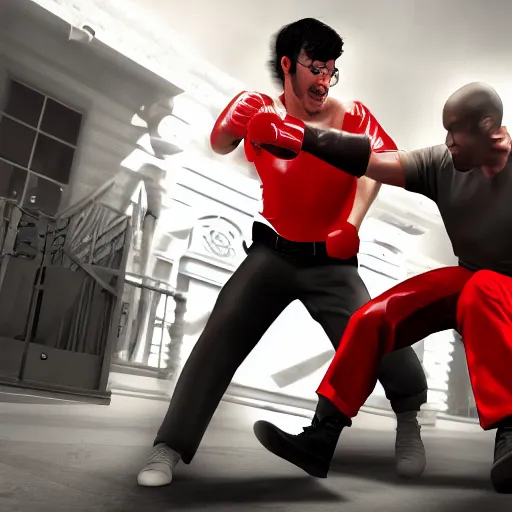 Image similar to Markiplier fighting Senator Armstrong, photorealistic, high resolution, cinematic lighting