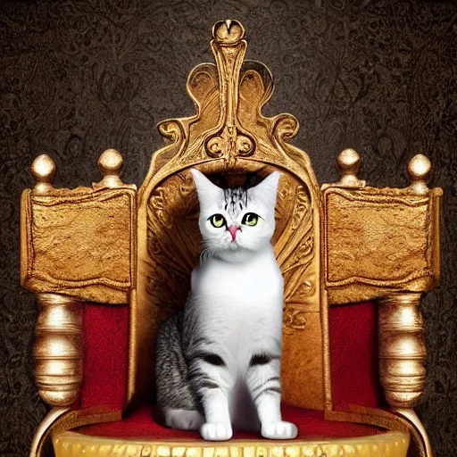 Image similar to cat crowned sitted on throne, castle environment, digital art