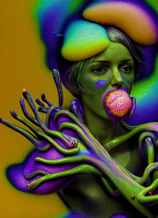 Prompt: hyper detailed 3d render like a Oil painting - Ramona Flowers seen Eating of the Strangling network of colorful yellowcake and aerochrome and milky Fruit and Her delicate Hands hold of gossamer polyp blossoms bring iridescent fungal flowers whose spores black the foolish stars by Jacek Yerka, Mariusz Lewandowski, Houdini algorithmic generative render, Abstract brush strokes, Masterpiece, Edward Hopper and James Gilleard, Zdzislaw Beksinski, Mark Ryden, Wolfgang Lettl, Dan Hiller, hints of Yayoi Kasuma, octane render, 8k