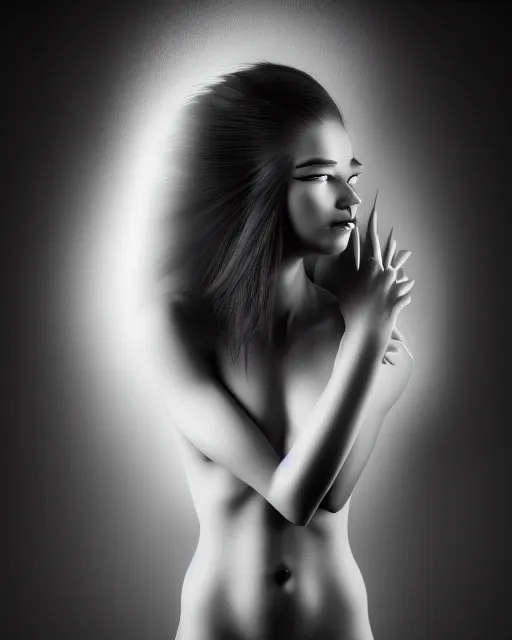 Image similar to surreal mythical dreamy dark artistic black and white fine art 3 / 4 portrait photo of a young delicate mutant female - cyborg with long pale feather hair, rim light, cinematic, studio dramatic light, poetic, octane render, 8 k, photo - realistic