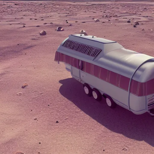 Prompt: a lone retro scifi RV with radio equipment is parked on a desert planet, side-view, redshift render, octane render, unreal engine, but as high contrast photography