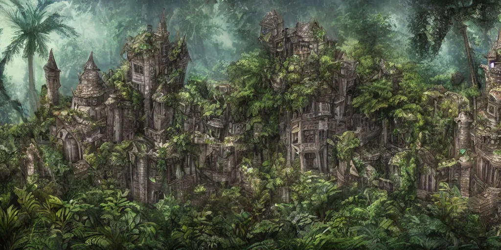 Image similar to a castle hidden in the jungle, overgrown with trees, misty, whimsical, cute art style, highly detailed, 4 k