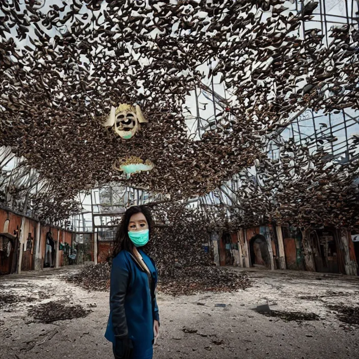 Prompt: a woman wearing a mask made of birds, in an abandoned theme park, by omar z. robles, canon eos c 3 0 0, ƒ 1. 8, 3 5 mm, 8 k, medium - format print