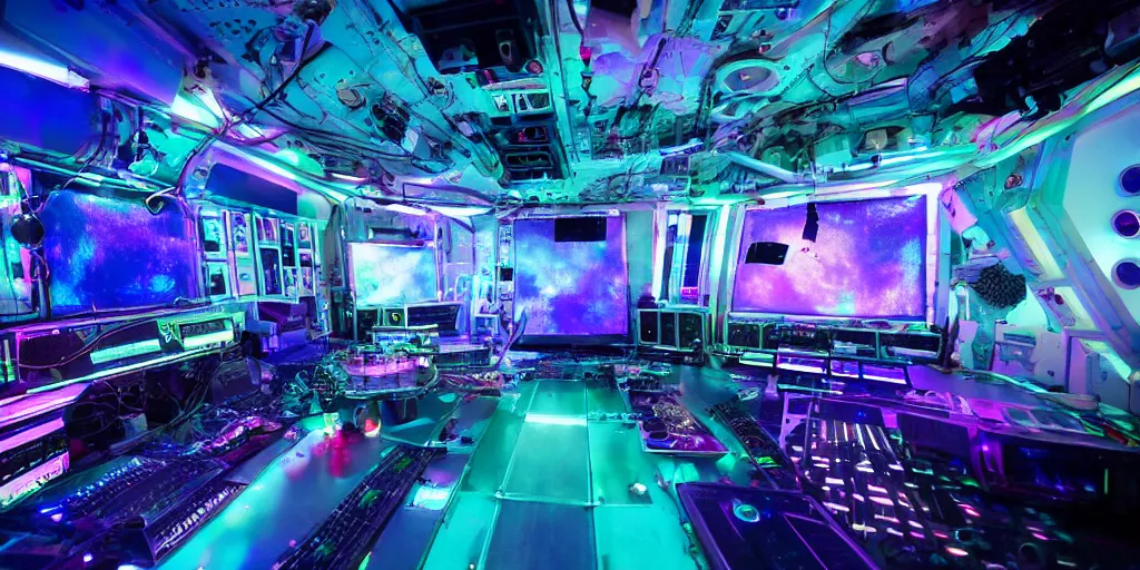 Image similar to giant speaker system audio visual holographic projection music recording studio in the interior of an international space station. filled with neon lights electronic dj equipment, modular synthesizer with cables everywhere. photorealistic 35mm 4k cgsociety