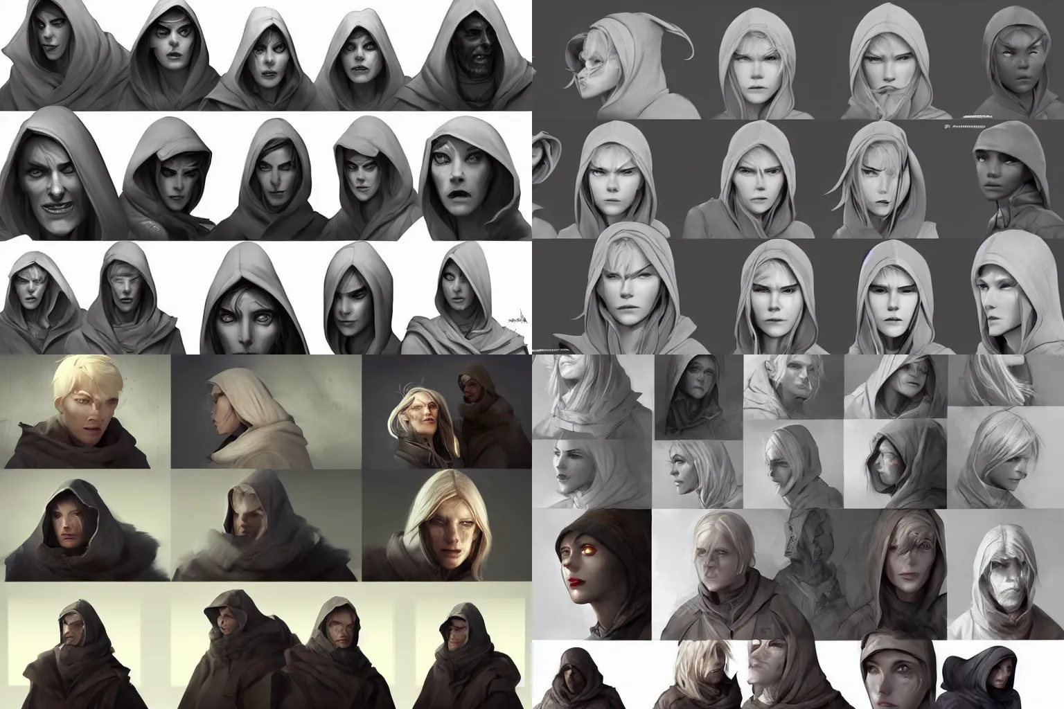 Prompt: character concept mood board facial expressions a blond hooded woman by a senior character artist, by cedric peyravernay and johannes helgeson, detailled, various emotions, various lighting mood