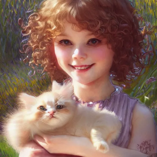 Prompt: a beautiful smiling little [[[[[[blonde toddler]]]]]] girl with short loosely curly hair, at the park on a beautiful day, holding a cute kitten, by Artgerm, Mucha Klimt, Hiroshi Yoshida and Craig Mullins, featured on Artstation, CGSociety, Behance HD, Deviantart