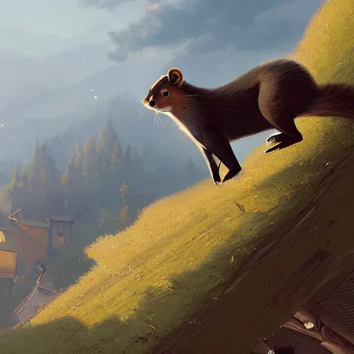 Prompt: Giant pine marten over a village, digital art, by Greg Rutkowski, trending on artstation, 4k