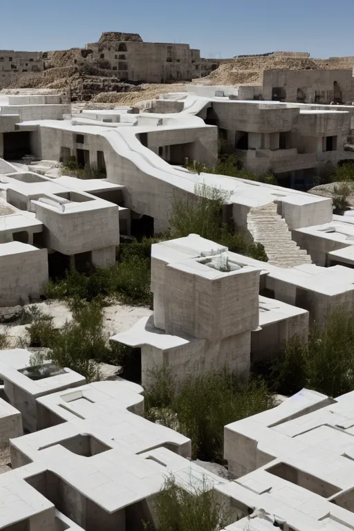 Image similar to habitat 6 7, white lego terraced architecture hotel in the dessert, many plants and infinite pool