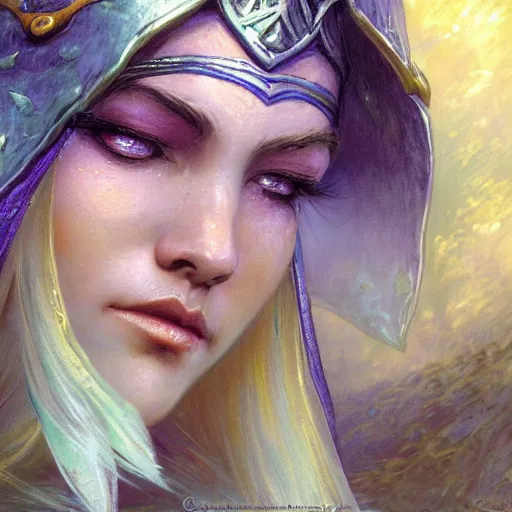 Image similar to ! dream night elf warden world of warcraft fantasy character portrait, close up, wide angle, ultra realistic, intricate details, the river girl weeps with sorrow and profound loss, highly detailed, abstract art piece by gaston bussiere, craig mullins, j. c. leyendecker