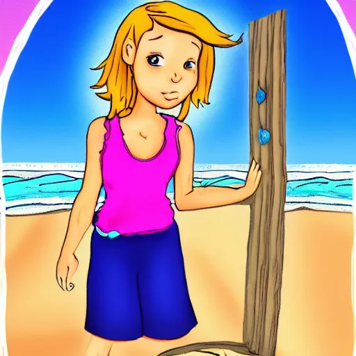 Image similar to a beautiful girl open a portal to the beach, cartoon style