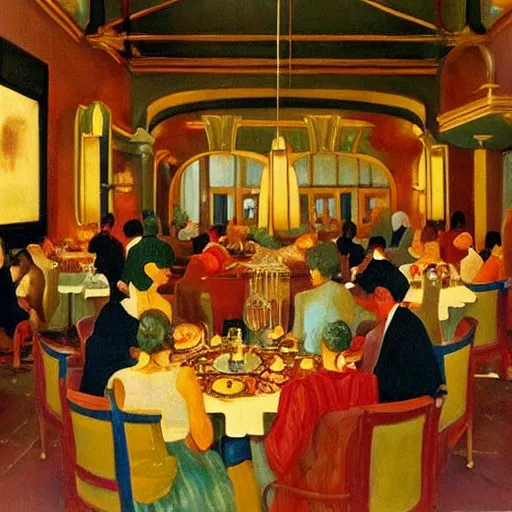 Image similar to dark skinned people eating at a regal buffet ultra detailed beautiful setting elegant event gold ornaments iridescent lighting in the style of edward hooper and henri matisse oil painting