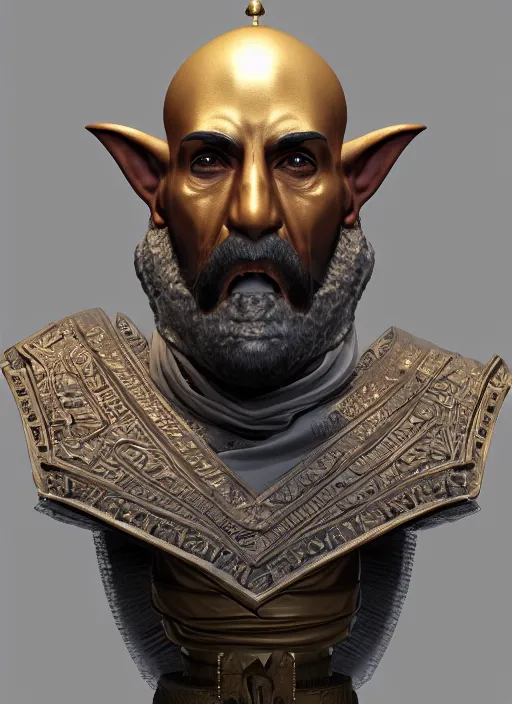 Image similar to bust of sheikh mohammad ruler of dubai, drak fantasy goblin, head and torso only, cinematic lighting, studio quality, smooth render, unreal engine 5 rendered, octane rendered, art style by klimt and nixeu and ian sprigger and wlop and krenz cushart.