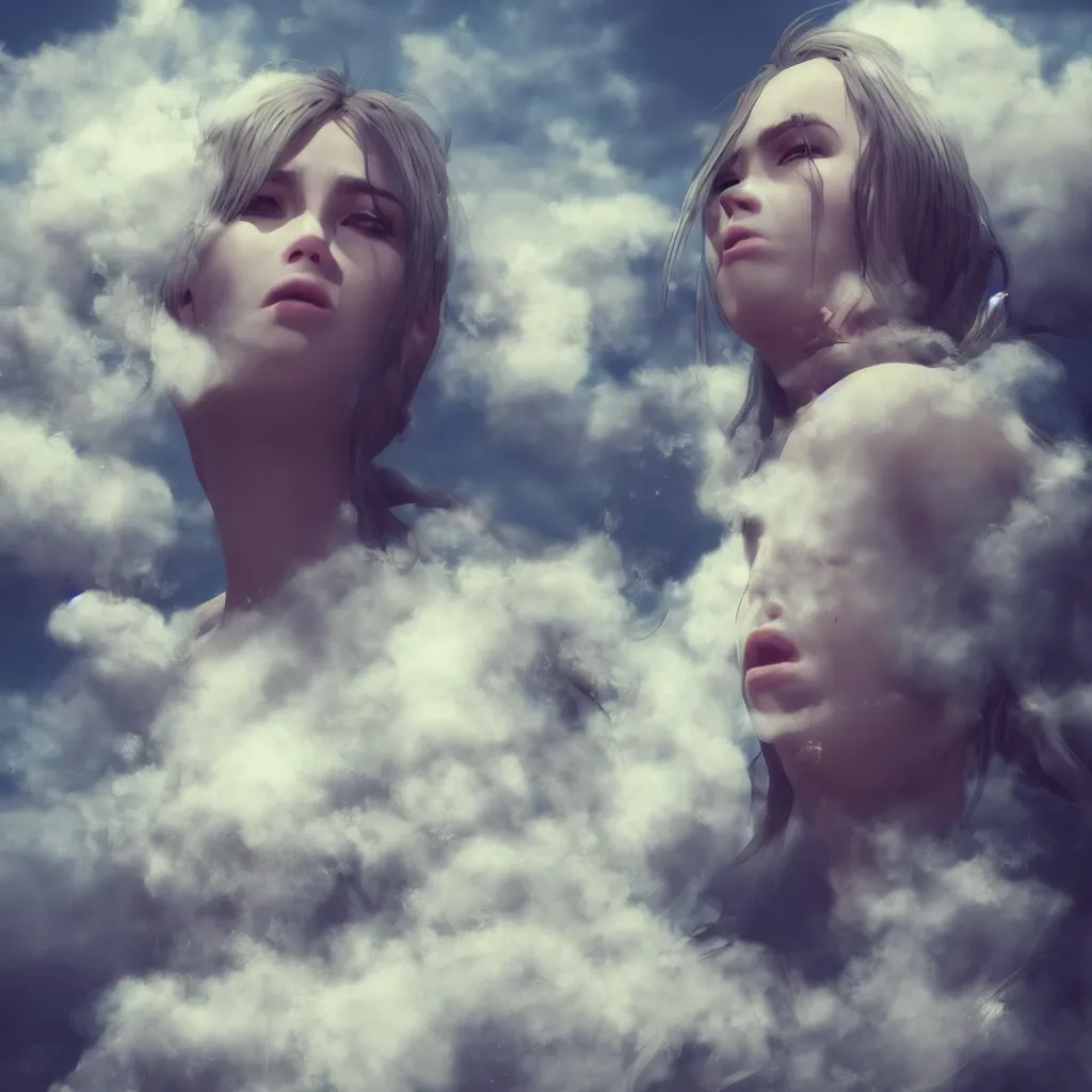 Image similar to beautiful girl in full gown blowing clouds, beautiful portrait, character concept style trending on artstation concept art detailed octane render cinematic photo - realistic 8 k high detailed