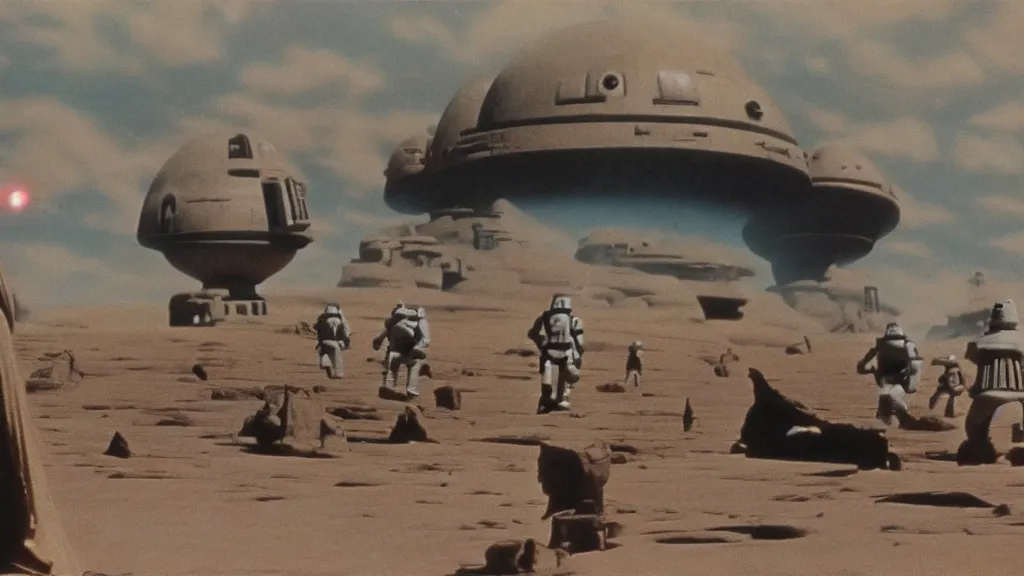 Image similar to promotional still tatooine landscape Star Wars a new hope 1977 studio ghibli Miyazaki animation highly detailed 70mm