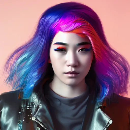 Prompt: young Asian Cyberpunk woman with rainbow hair, Close up portrait, wearing a leather jacket, hyperdetailed, artstation, cgsociety, 8k, nighttime