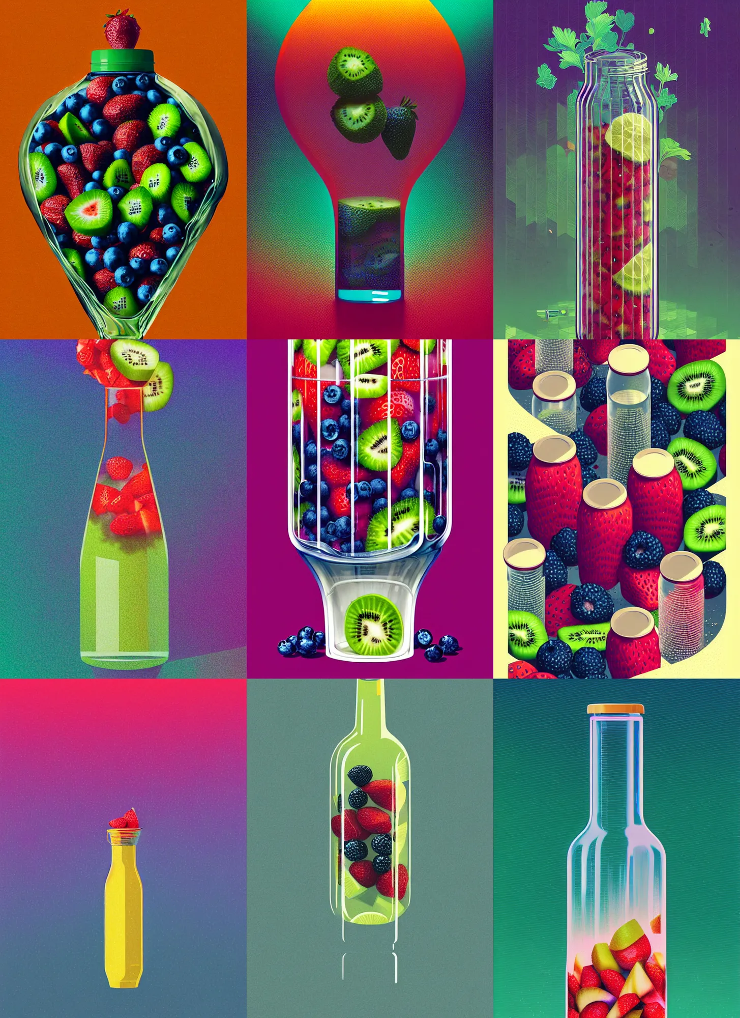 Prompt: ( ( dither ) ), editorial illustration strawberries blueberries sliced kiwi sliced lemon layered inside a clear drinking bottle portrait, isometric, modern art deco, ( ( mads berg ) ), christopher balaskas, victo ngai, rich grainy texture, detailed, dynamic composition, wide angle, matte print, art nouveau, unreal engine
