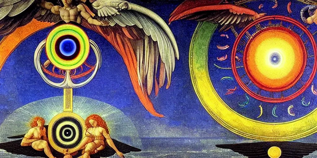 Image similar to painting of rainbow ophanim surrounded by large diagonally rotating rings, ophanim has bird wings, giant eyeball in the middle of the ophanim, by roberto. by ferri, sandro botticelli, by caravaggio, by alexandre cabanel, by george clark stanton, amazing details, mythological, biblical, beautiful composition