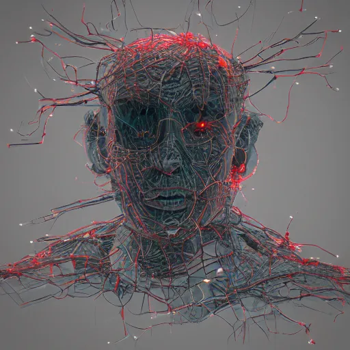 Image similar to a square computer coated in, clumps of hair, wires, leds, thermal sink, electronics,, skin, flesh, blood, guts and teeth, artstation