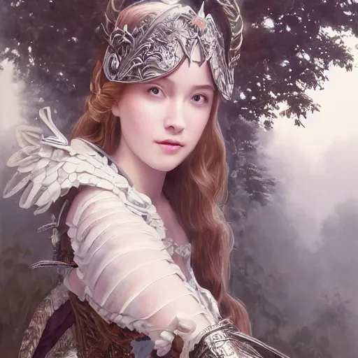 Image similar to A masterpiece ultrarealistic ultradetailed portrait of a Incredibly beautiful angel armored princess knight with Iron mask. baroque renaissance girl in the forest. medium shot, intricate, elegant, highly detailed. trending on artstation, digital art, by Stanley Artgerm Lau, WLOP, Rossdraws, James Jean, Andrei Riabovitchev, Marc Simonetti, Yoshitaka Amano. background by James Jean and Gustav Klimt, light by Julie Bell, 4k, porcelain skin. BY ZDIZISLAW BEKSINSKI Cinematic concept art By Hughes Merle. Dramatic.