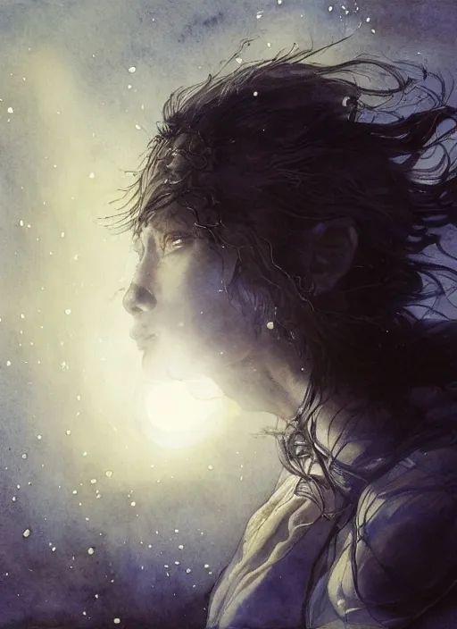 Prompt: portrait, dream wanderer and the moon, watercolor, dramatic lighting, cinematic, establishing shot, extremely high detail, foto realistic, cinematic lighting, pen and ink, intricate line drawings, by Yoshitaka Amano, Ruan Jia, Kentaro Miura, Artgerm, post processed, concept art, artstation, matte painting, style by eddie mendoza, raphael lacoste, alex ross
