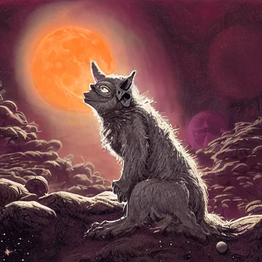 Prompt: portrait of yoda howling at the moon and transforming into a werewolf, overwhelming energy, detailed background by m. w. kaluta + bruce pennington, dark side, neon color, three moons, tiny stars, volumetric lighting, colorful vapor, deep dark color, floating molecules, digital painting, oil painting, artwork by ralph mcquarrie + cory loftis + andreas rocha + paul lehr + ian mcque + eddie mendoza