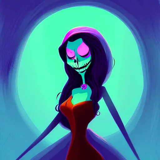 Image similar to curled perspective digital art of a dark hair woman wearing a kufiyya by anton fadeev from nightmare before christmas