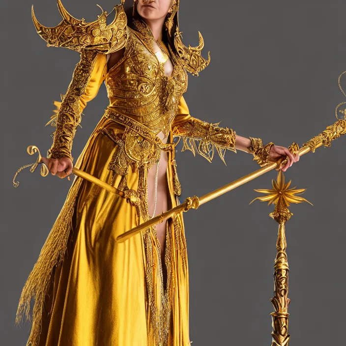 Image similar to photograph of a real-life beautiful sun witch with ornate gold robes and staff. Extremely detailed. 8k