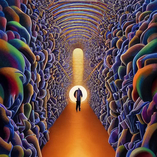 Image similar to a breathtaking 8 k resolution matte painting of a black boy lost inside a vast and endless four dimensional hall of mirrors, in a symboloic and meaningful style, by m. c. escher and alex grey and android jones