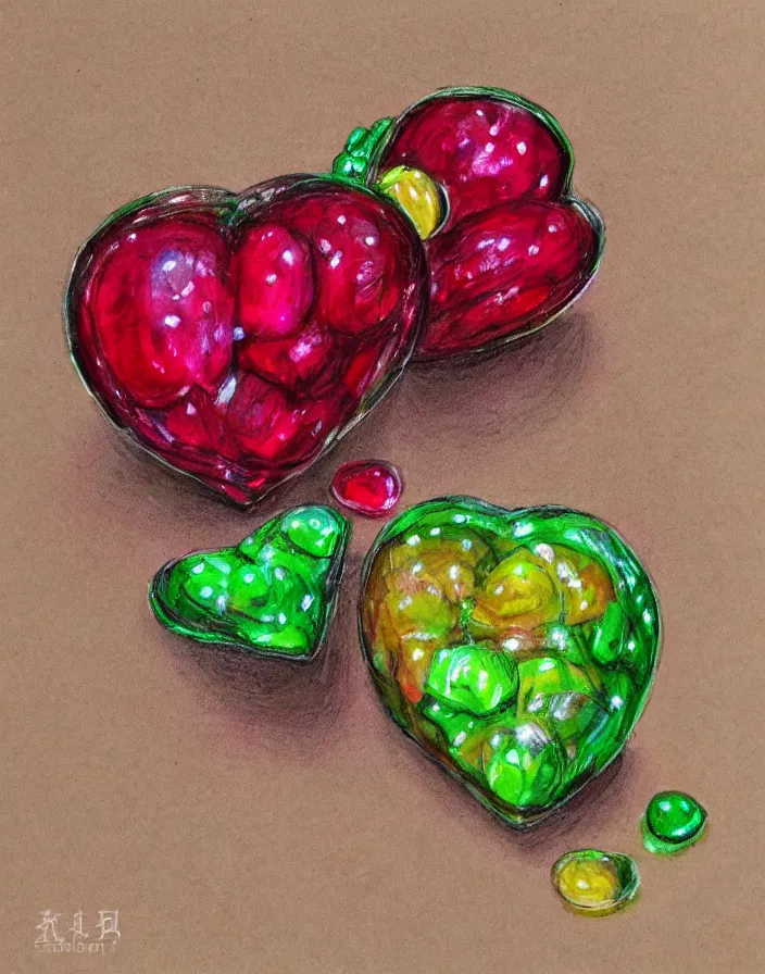 Image similar to transparent crystal gum gum fruit with a ruby shaped like a heart inside the devil fruit, spectacular quality, intricate oil pastel glow, dynamic lighting, photorealistic, ultra detailed, trending on art station