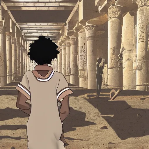 Prompt: a anime still of a black woman exploring ancient egypt ruins,madhouse