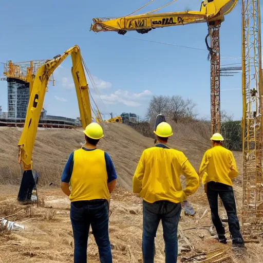 Prompt: tall shadowy faceless creatures with long limbs wearing yellow hard hats