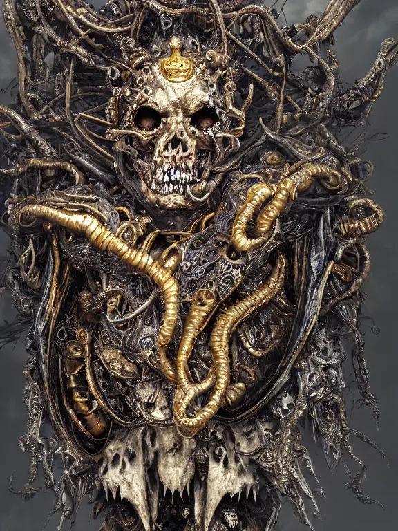Prompt: portrait art of 8k ultra realistic undead eldritch horror corrupted lich queen, ornate gold crown , detailed intricate ornate armour,decaying, cybernetic, full of colour, cinematic lighting, battered, trending on artstation, 4k, hyperrealistic, focused, extreme details,unreal engine 5, cinematic, masterpiece, art by ayami kojima, giger
