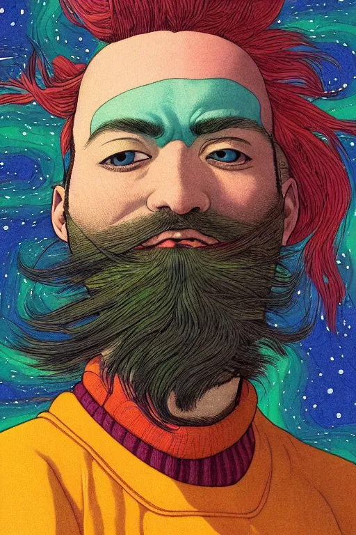 Prompt: a colorful closeup portrait of a young bald man with a very long wild beard dreaming psychedelic hallucinations in the vast icy landscape of antarctica, by kawase hasui, moebius and edward hopper, colorful flat surreal design, hd, 8 k, artstation