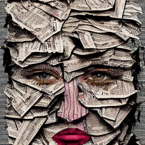 Image similar to face shredded like paper news, dark, surreal, illustration, by ally burke