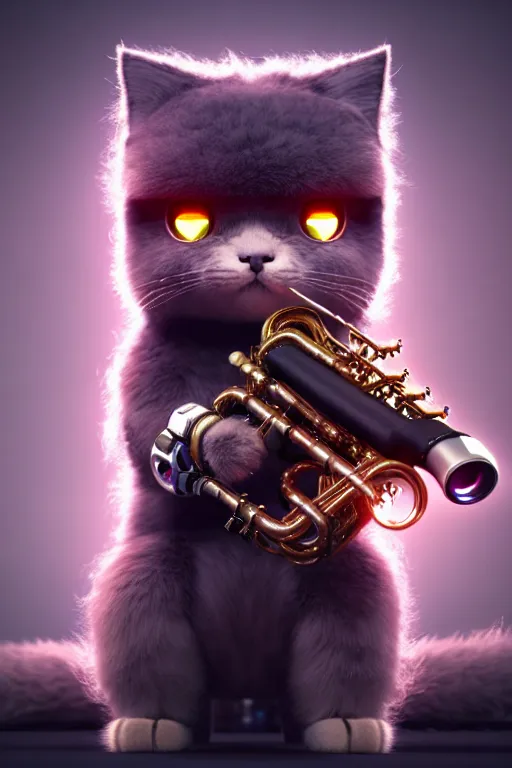 Image similar to high quality 3 d render very cute fluffy cyborg!! cat plays trumpet, cyberpunk highly detailed, unreal engine cinematic smooth, in the style of blade runner & detective pikachu, hannah yata charlie immer, moody light, low angle, uhd 8 k, sharp focus