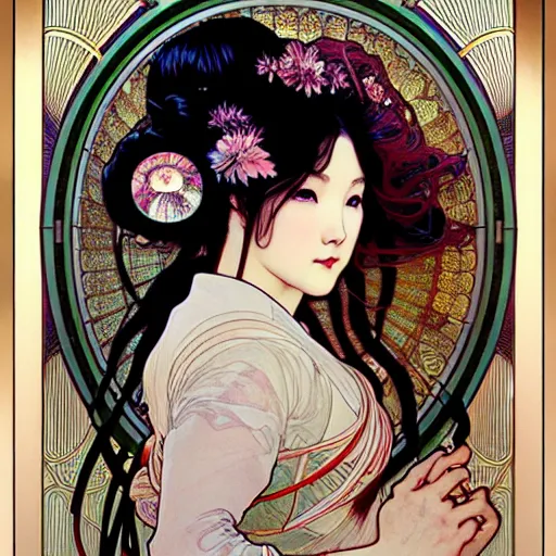 Prompt: realistic detailed face portrait of a geisha with spiral nebula hair by alphonse mucha, ayami kojima, amano, greg hildebrandt, and mark brooks, art nouveau, neo - gothic, gothic, spiral nebula hair, character concept design
