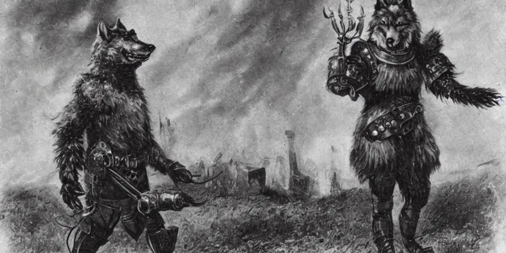 Prompt: anthropomorphic furry wolf in armor standing in front of a burning village, 1900s picture