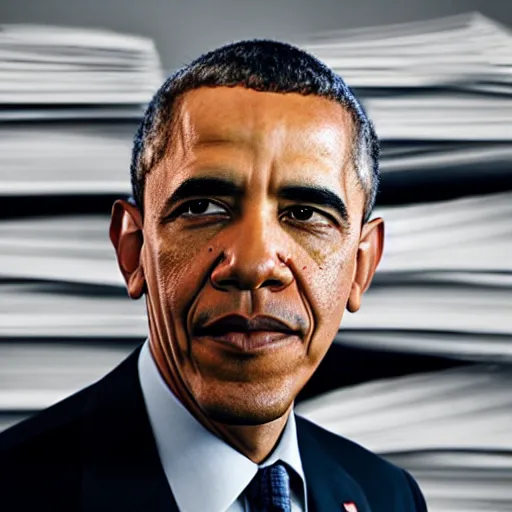 Image similar to obama nervously standing by a mountain of papers, videogame still, portrait, 4 0 mm lens, shallow depth of field, close up, split lighting, cinematic