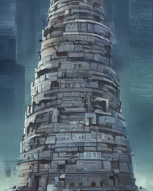 Prompt: Tower of babel in modern times surrounded by a big city, concept art, artstation