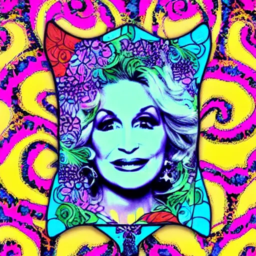 Prompt: psychedelic floral poster with Dolly Parton’s face