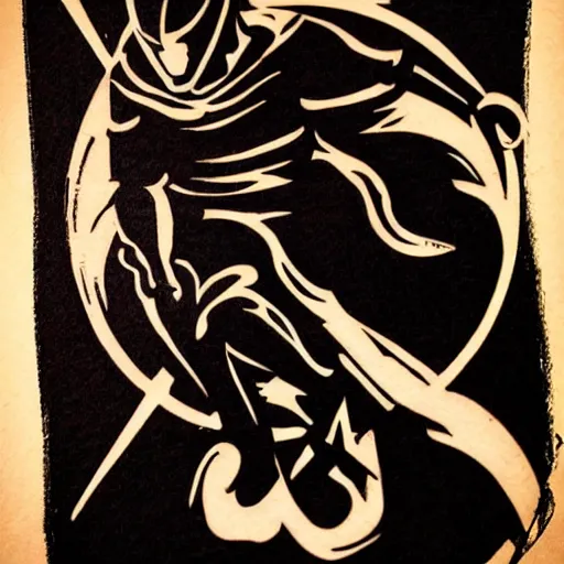 Image similar to tattoo design, stencil, a ninja jumping in the air slashing a sword